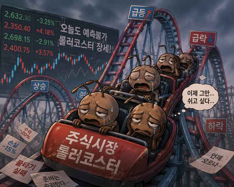 롤러코스터에 지친 개미들을 표현한 이미지