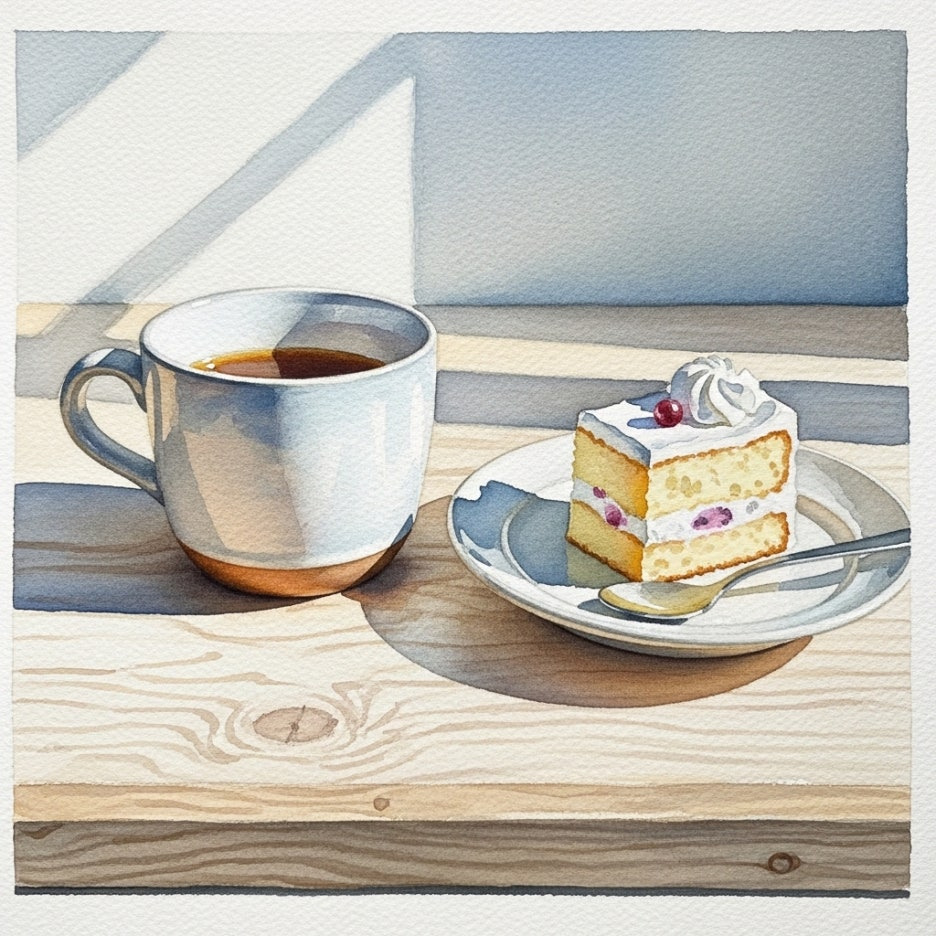 나무 테이블 위에 놓인 따뜻한 커피와 달콤한 디저트