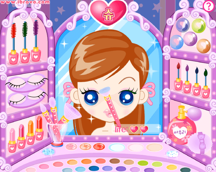 슈의-화장놀이-메이크업-플래시게임-플레이-브러쉬로-파란색-아이-섀도우를-바르는-화면