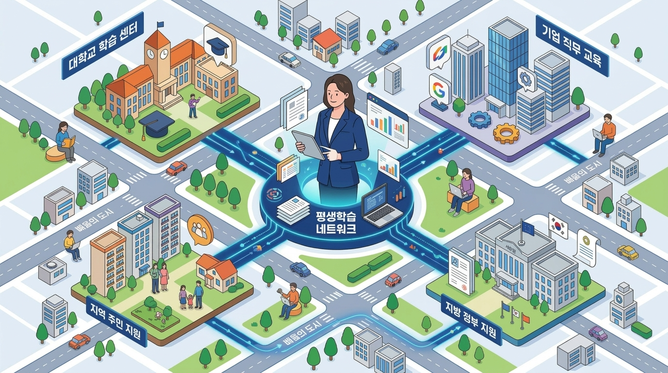 대학, 기업, 지자체, 주민을 연결하여 지역 평생학습 생태계를 구축하는 코디네이터로서의 역할을 네트워크 다이어그램으로 표현합니다.