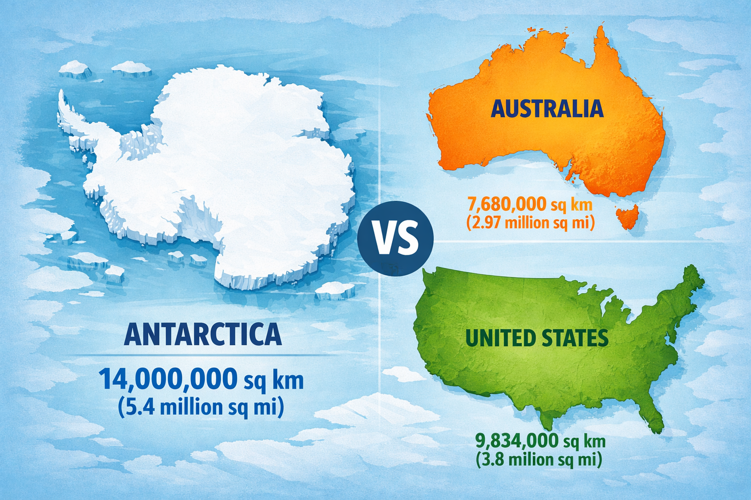 남극(1,400만 km^2), 호주(768만 km^2), 미국(983만 km^2)의 지도를 배치하여 크기를 비교한 그림입니다. 흰색의 남극 대륙이 주황색의 호주나 초록색의 미국 본토보다 훨씬 거대한 면적을 차지하고 있음을 시각적으로 보여줍니다.