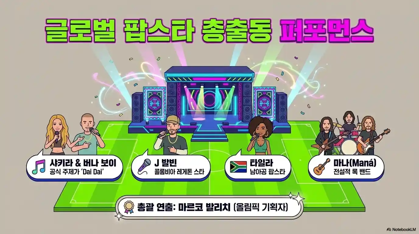 2026 북중미 월드컵 개막식 글로벌 팝스타 퍼포먼스 라인업 - 사키라 & 버나 보이(공식 주제가 Dai Dai), J 발빈(콜롬비아 레게톤), 타일라(남아공 팝스타), 마나 Maná(멕시코 록 밴드), 총괄 연출 마르코 발리치