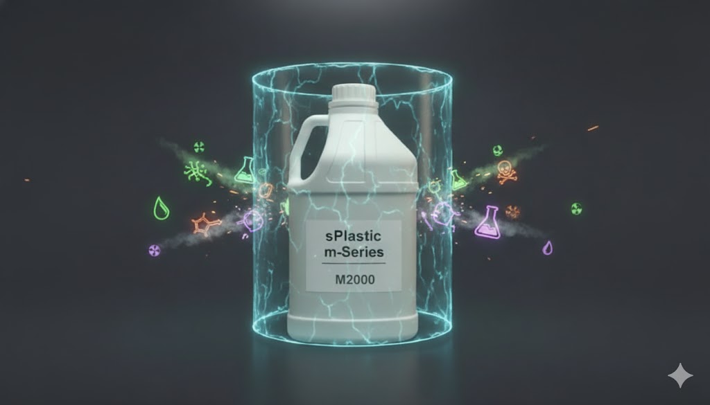 강력한 보호막으로 화학적 공격을 완벽히 방어하는 sPlastic m-Series M2000 HDPE 용기. 뛰어난 내화학성을 시각적으로 표현