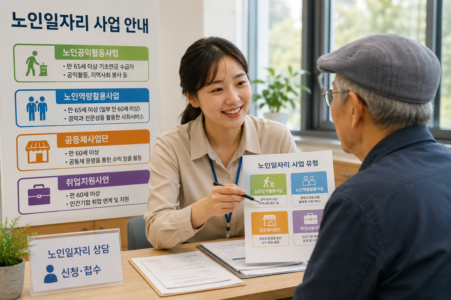 노인일자리 상담을 받으며 다양한 사업유형을 안내받는 어르신