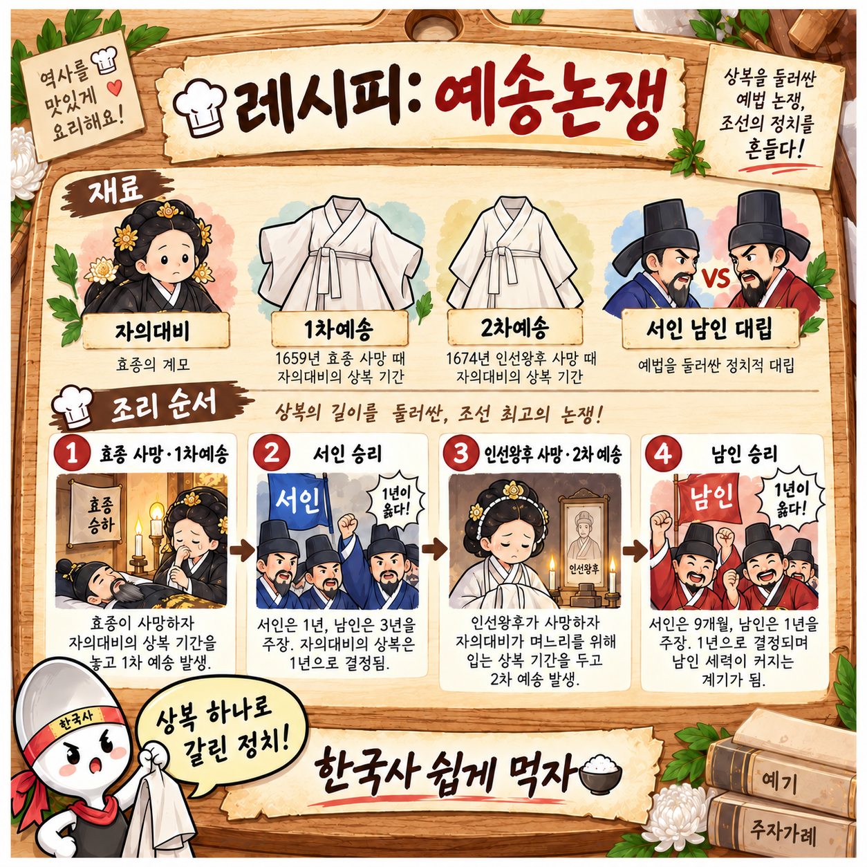 예송논쟁 과정을 레시피 형식으로 요약한 인포그래픽 이미지