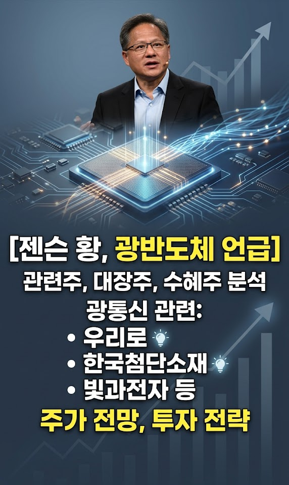 젠슨 황, 광반도체 언급, 관련주, 대장주, 수혜주 분석, 광통신 관련 우리로, 한국첨단소재, 빛과전자 등 주가 전망, 투자 전략