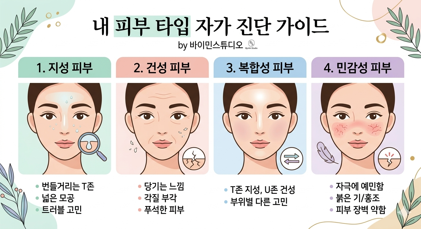 피부 전문가 바이민의 피부 타입 자가 진단 가이드 인포그래픽
