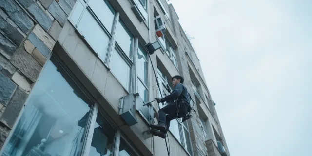 고층 외벽에 부착된 로봇이 지그재그로 이동하며 먼지와 물때를 제거하는 상황