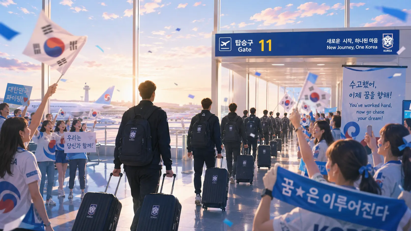 새벽 공항 게이트, 캐리어를 끄는 축구선수 실루엣과 응원하는 팬들, 다큐멘터리 사진 스타일