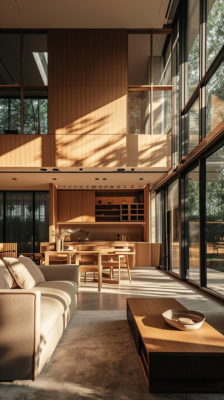 우드톤의 복층 구조의 따뜻한 집 내부