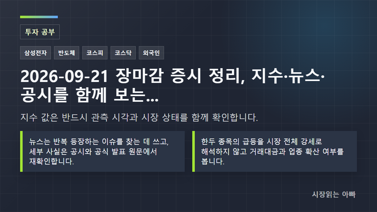 2026-09-21 장마감 증시 정리, 지수·뉴스·공시를 함께 보는 법: 지수 값은 반드시 관측 시각과 시장 상태를 함께 확인합니다.