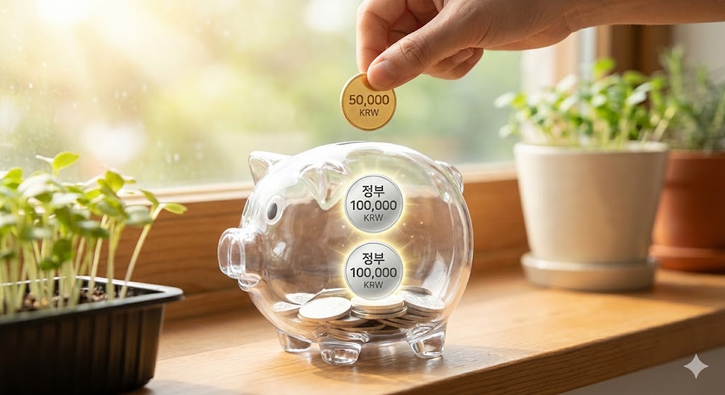 5만원 동전을 저금통에 넣자 정부가 10만원을 더해줘서 통장이 커지는 일러스트