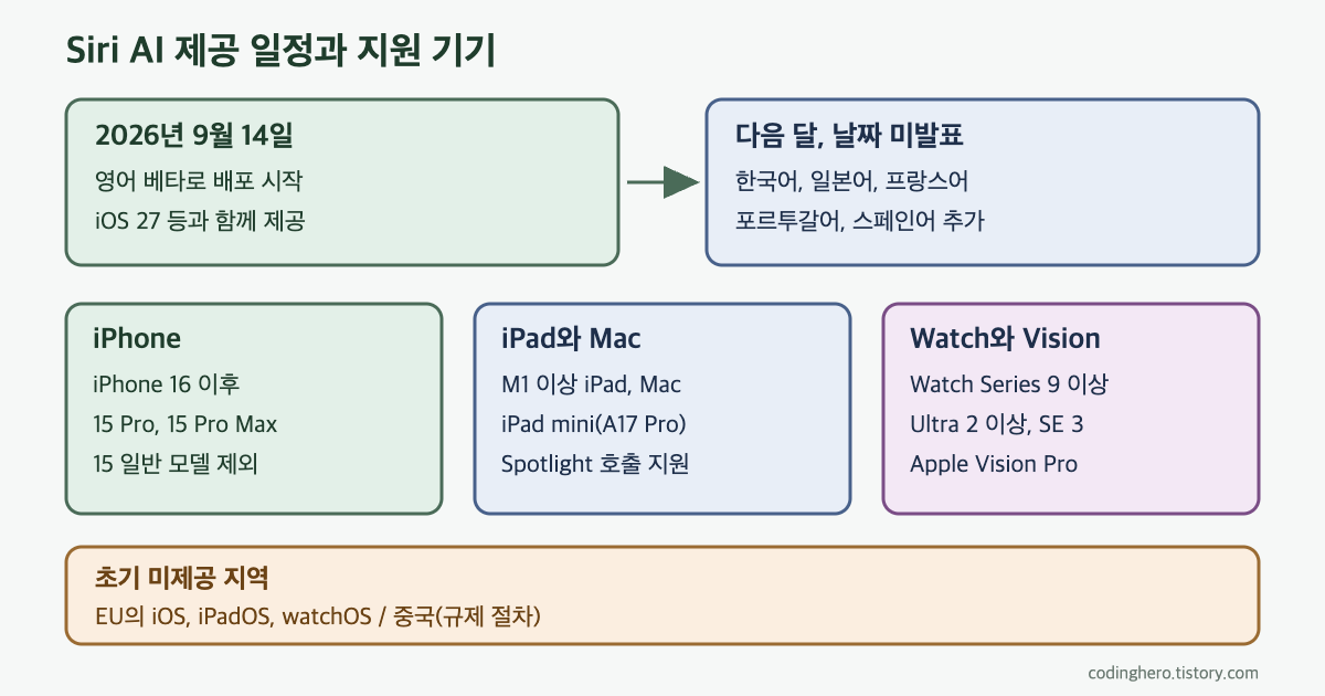 9월 14일 영어 베타에서 다음 달 한국어 등 5개 언어 추가로 이어지는 일정과 iPhone, iPad와 Mac, Watch와 Vision Pro 지원 기기, 초기 미제공 지역을 나눠 그린 도식