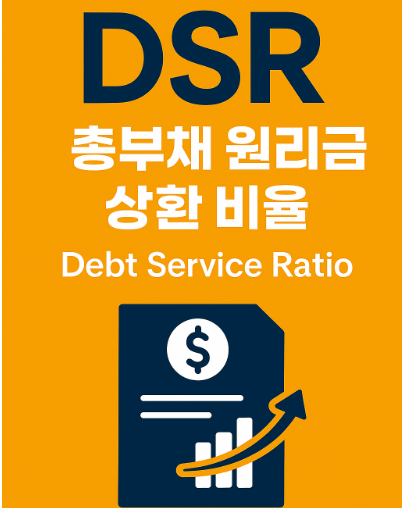 주황색 배경에 'DSR 총부채 원리금 상환 비율'이라는 한글·영문 텍스트와 함께, 금융 문서와 상승 그래프 아이콘이 들어간 인포그래픽 이미지