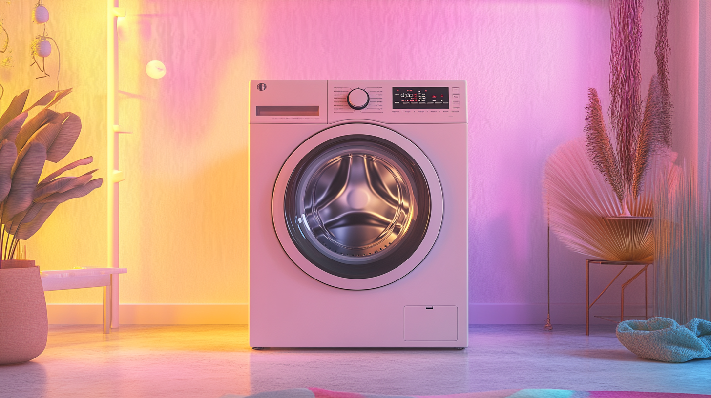 고급스러운 대용량 세탁기가 스타일리시한 집안에서 스마트 기술과 함께 조화를 이루는 모습.