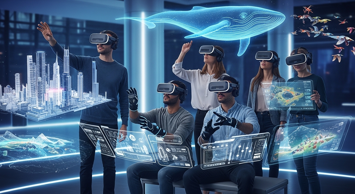 2025 디지털퓨처쇼에서 XR 헤드셋을 착용하고 메타버스 공간에 몰입하는 사람들. 가상과 현실이 융합된 초실감형 경험을 하고 있다.