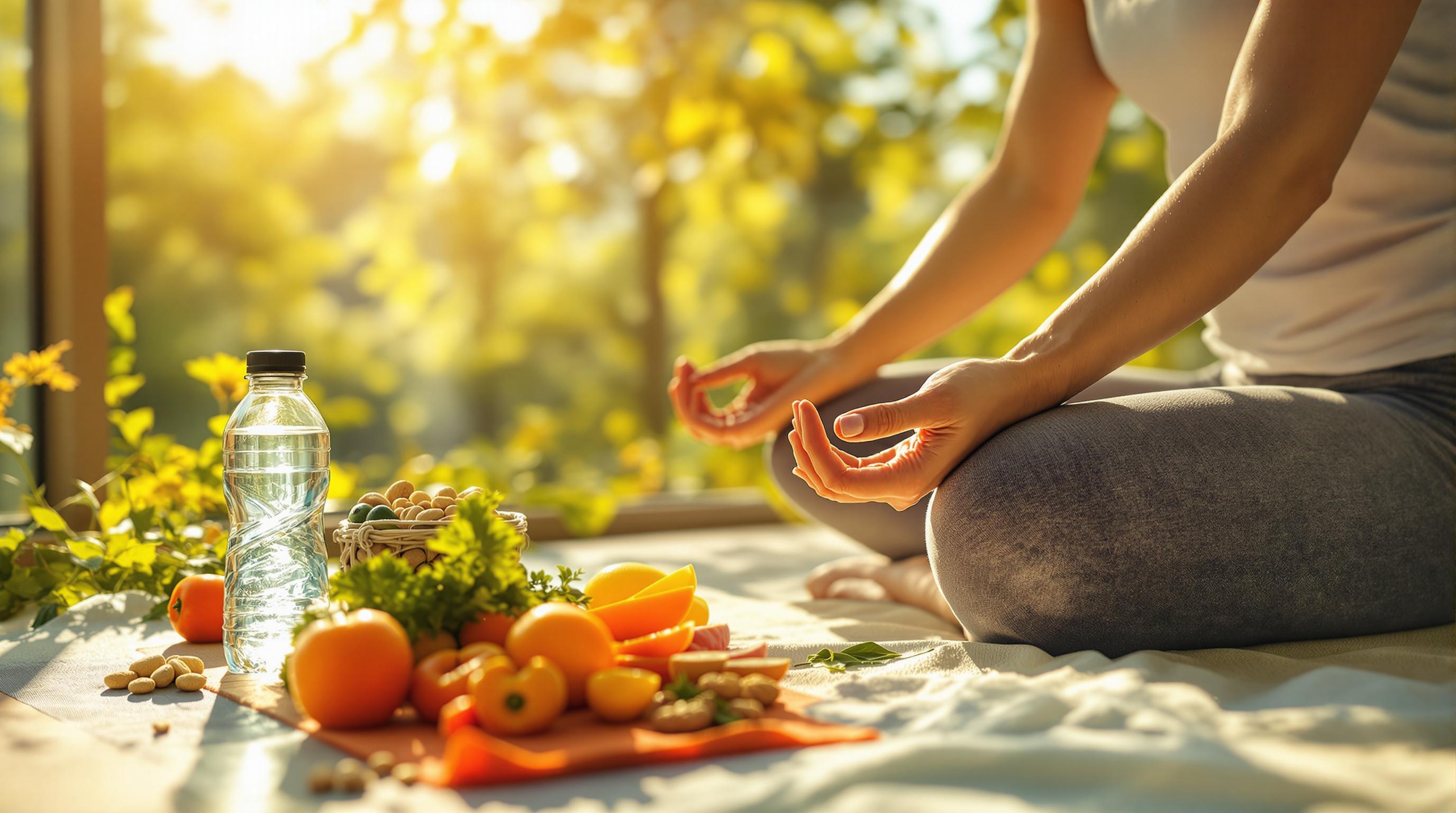 여름 햇살 아래 요가나 스트레칭을 하는 사람, 옆에는 물병과 건강식(과일, 채소, 견과류), 건강보조식품이 자연스럽게 배치됨. 평화롭고 정적인 웰니스 분위기