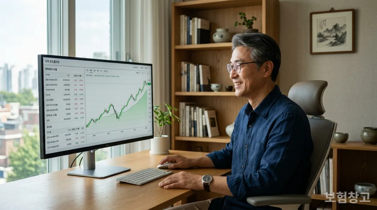 변액보험 투자 수익률 차트를 보며 만족하는 한국인 중년 남성