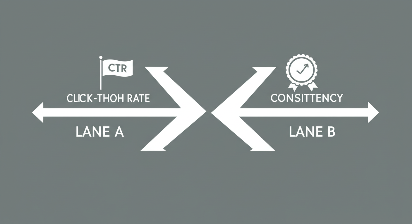 게임/애니 두 경로가 다른 깃발(CTR/일관성)로 향하는 분기 트랙