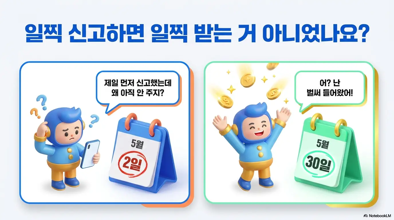 종합소득세 환급일: 5월 2일에 먼저 신고한 사람과 5월 30일에 신고한 사람의 종합소득세 환급 입금 시기가 동일하다는 것을 캐릭터와 달력으로 비교 설명하는 인포그래픽 이미지. 이 이미지는 일찍 신고해도 환급일이 빨라지지 않는다는 핵심 정보를 시각적으로 전달하며&amp;#44; 블로그의 종합소득세 환급일 총정리와 관련된 내용을 설명함 