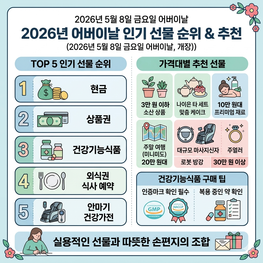 어버이날 선물 순위 2026|부모님이 좋아하는 추천 선물 TOP 10과 가격대별 선택법 인포그래픽