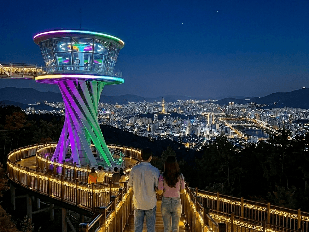 보라색과 초록색 조명이 켜진 앞산전망대 전망탑과 조명이 설치된 데크 산책로, 뒤편으로 불빛이 반짝이는 대구 도심 야경이 보이는 모습