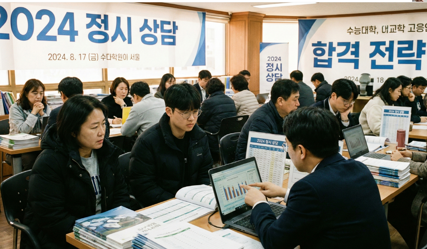 성적표 확인 후 입시 상담을 받는 모습