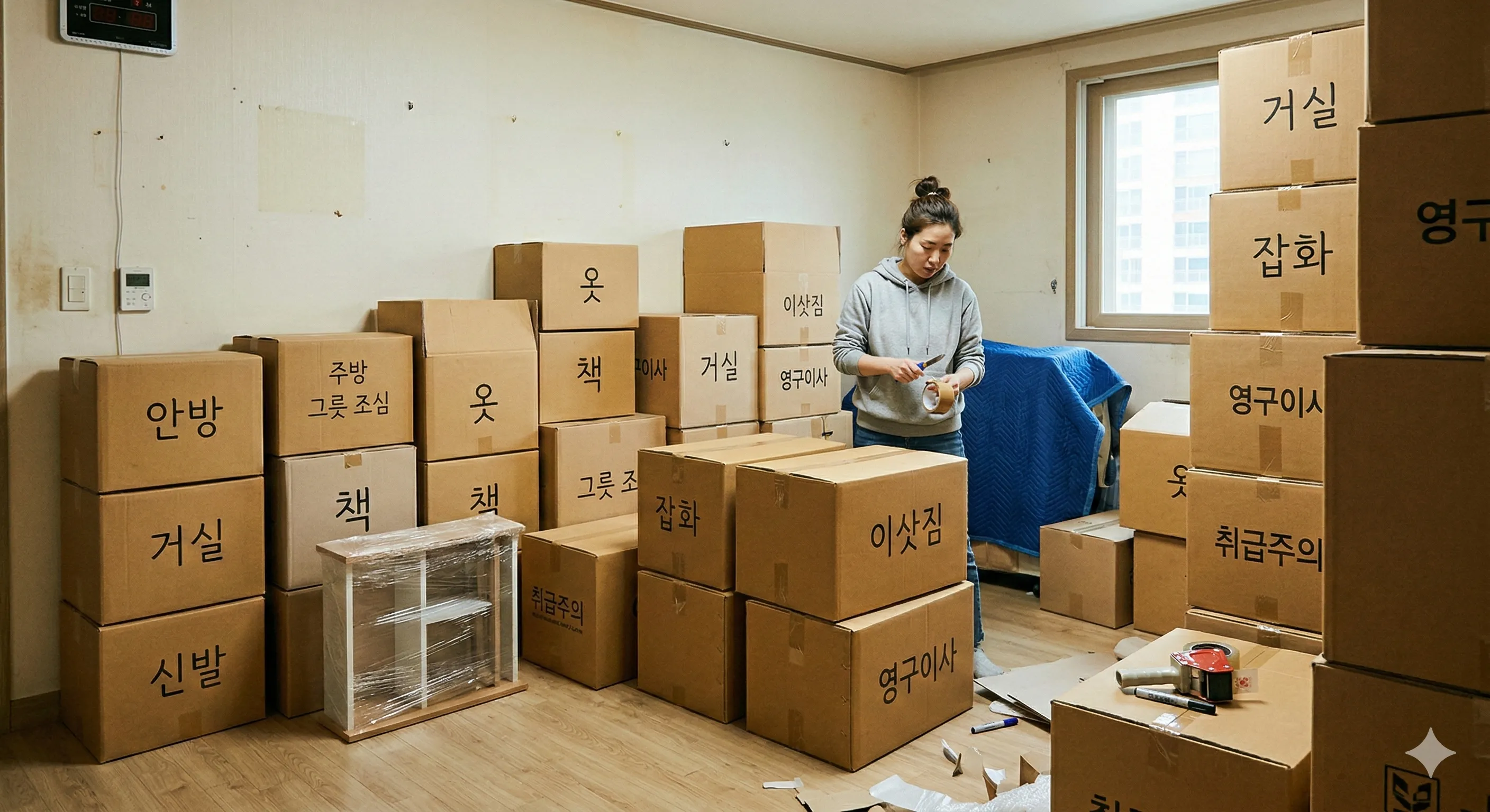 서울시 청년 이사비 및 중개보수 지원을 받기 위해 이삿짐 박스를 포장하는 모습