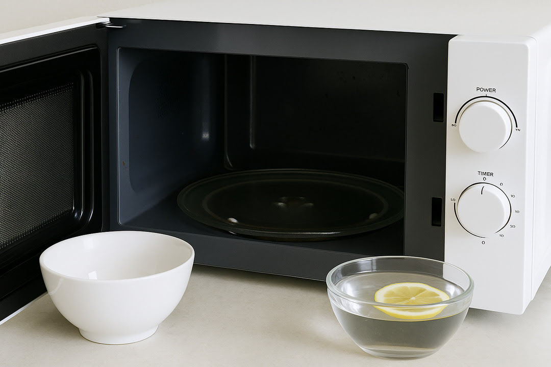 전자레인지와 흰색 도자리 그릇, 투명 물에 레몬이 띄워져 있는 투명그릇
