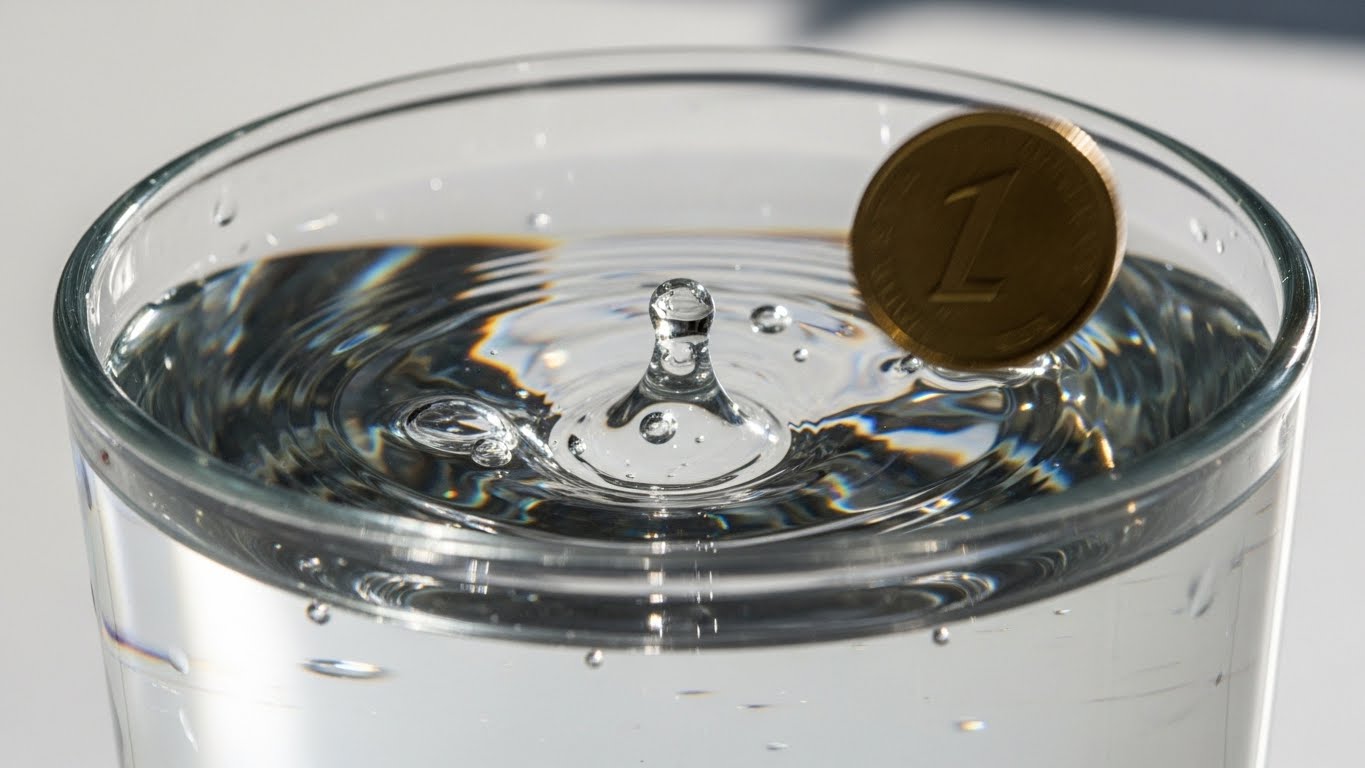 깨끗하고 안정적인 현금 흐름을 상징하는 물속으로 떨어지는 황금 동전의 찰나