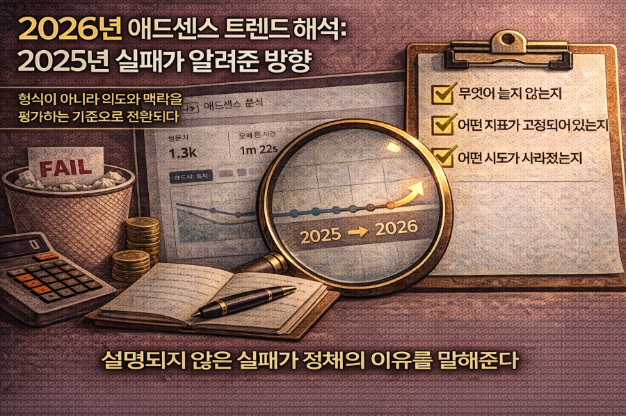 애드센스 승인 실패 사례를 통해 운영자의 기준과 일관성이 평가 요소로 작용함을 시각화한 이미지