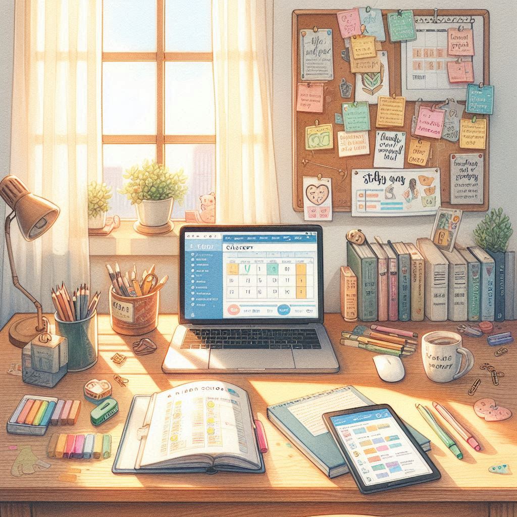 수채화 느낌의 아늑한 고등학생 공부 공간