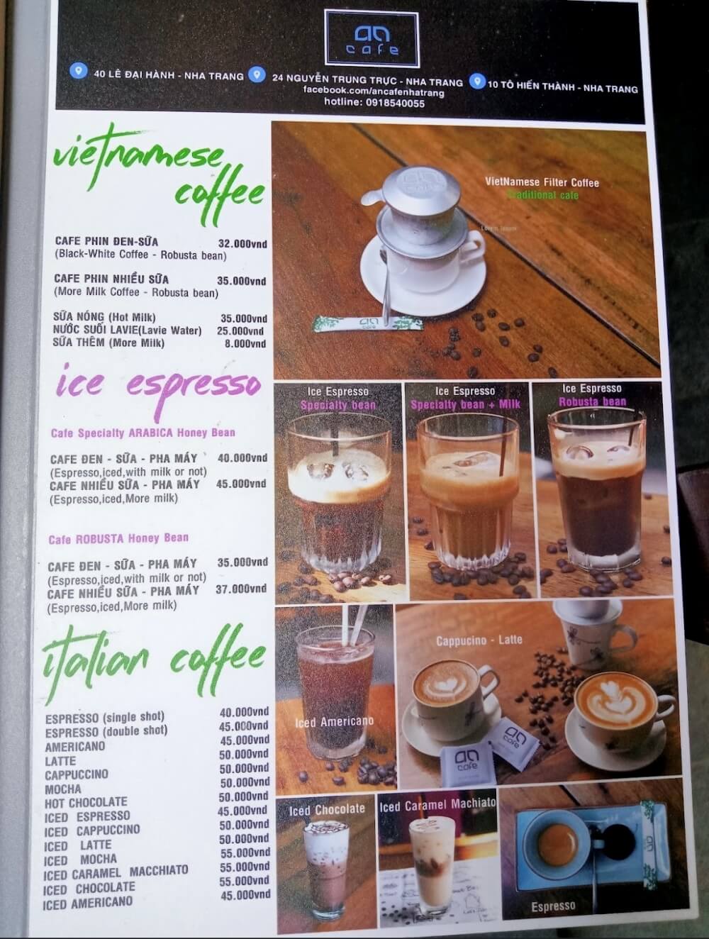 나트랑 시내 맛집 안카페 2호점 - 커피 메뉴판