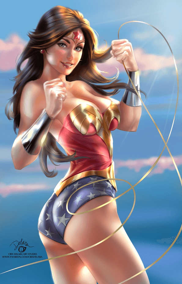 저스티스리그 원더우먼이 채찍을 들고 화이팅 포즈를 취하고 있는 팬아트