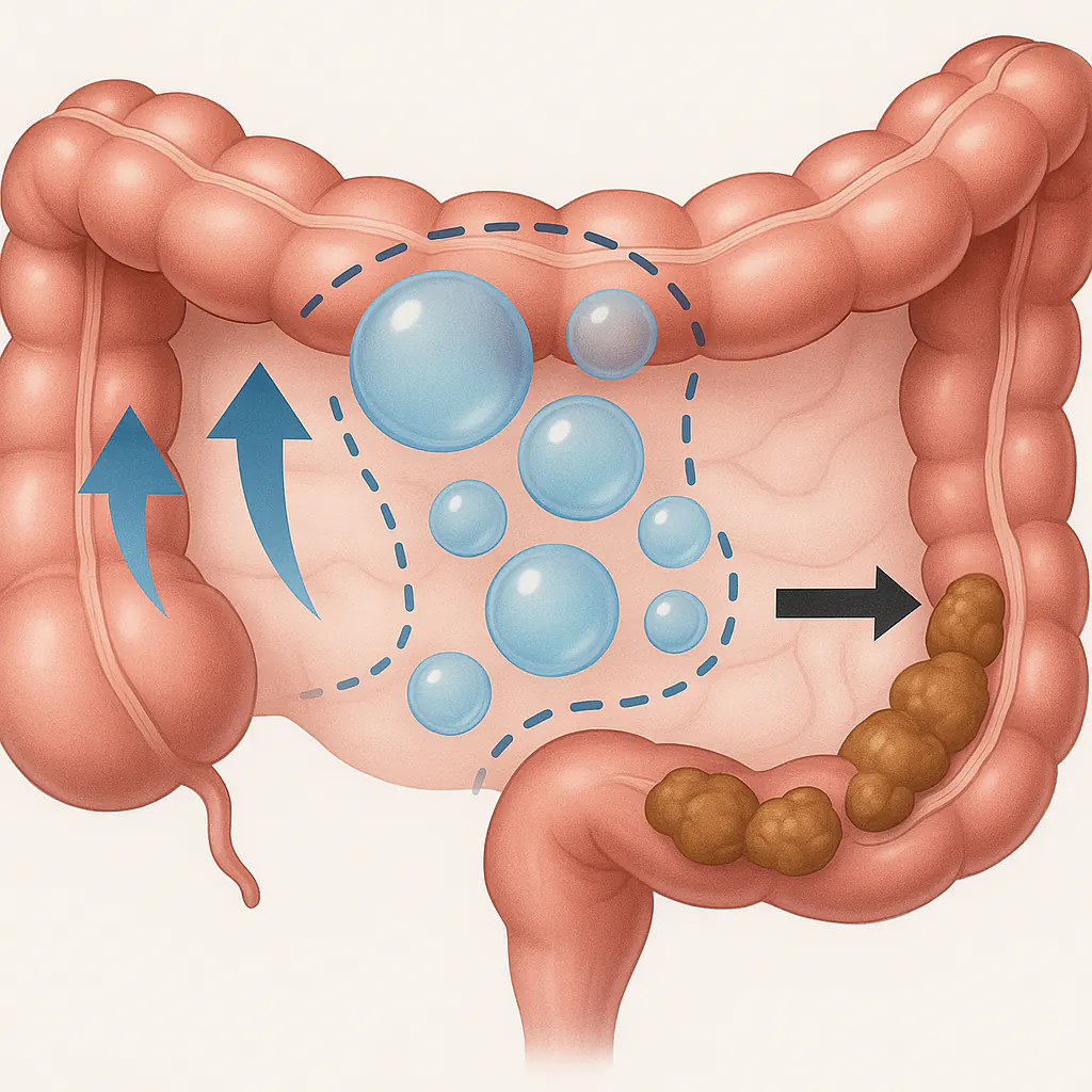 장 내부 단면도 일러스트, 가스가 차서 장이 부풀어 있는 모습, 변이 밀리지 못하고 정체된 상태, 화살표로 가스와 변의 위치 표시