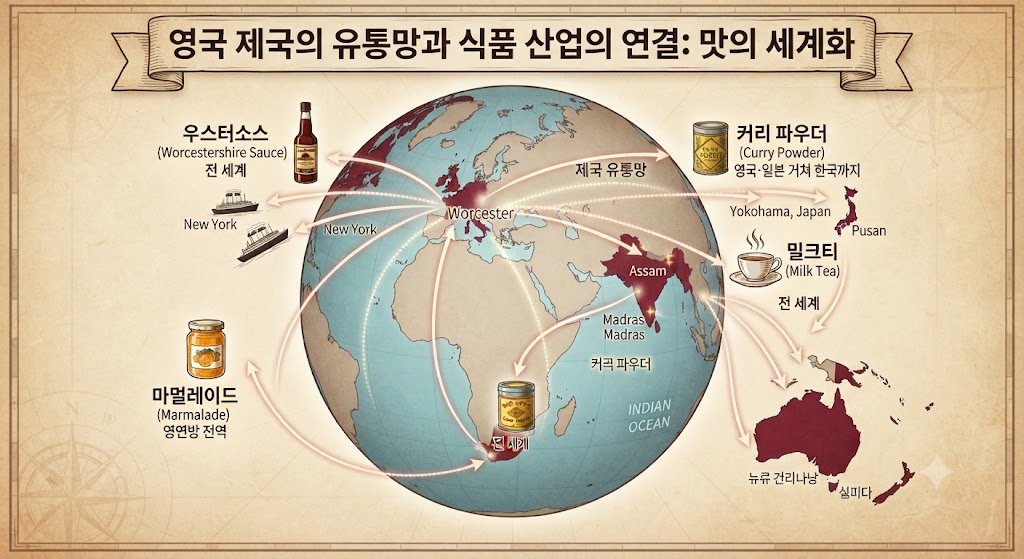 19세기 대영제국은 어떻게 전 세계의 맛을 하나로 연결했을까요? 증기선과 식민지 관료, 수출 경로로 이어지는 제국의 유통망이 어떻게 식품 산업의 세계화를 주도했는지 인포그래픽 지도로 확인해 봅니다. 영국 우스터셔의 소스가 전 세계 식탁에 오르고, 인도의 커리와 차(Tea)가 표준화되어 일본을 거쳐 한국까지 전달된 과정, 포르투갈의 마멀레이드가 영연방 전역으로 퍼져나간 제국주의 시대 음식문화 교류사를 입체적으로 분석합니다.