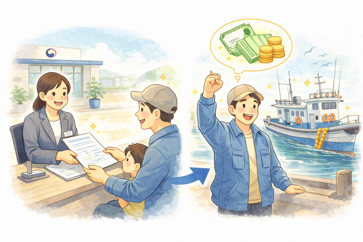 어업인 지원사업 시청 후 혜택을 받는 사람들의 이미지