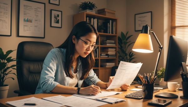 직장인 여성이 연말정산 사이트에서 연말정산을 하고 있다.