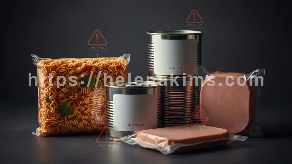 어둡고 차분한 배경 위에 라면 봉지, 통조림 캔, 그리고 가공육 패키지가 놓여 있습니다. 각 제품 위에는 작고 세련된 '경고' 또는 '주의' 아이콘이 투명하게 오버레이 되어 있습니다.