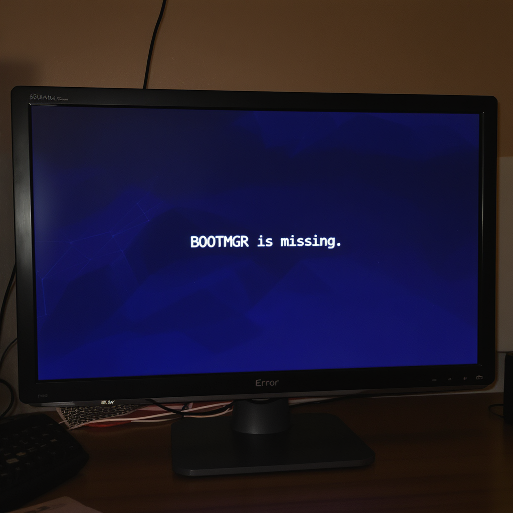 컴퓨터 모니터에 &quot;BOOTMGR is missing&quot; 오류 메시지가 뜬 이미지