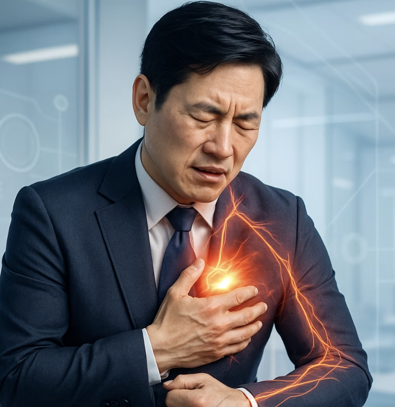 2. 통증이 어깨와 팔, 턱으로 뻗쳐나간다