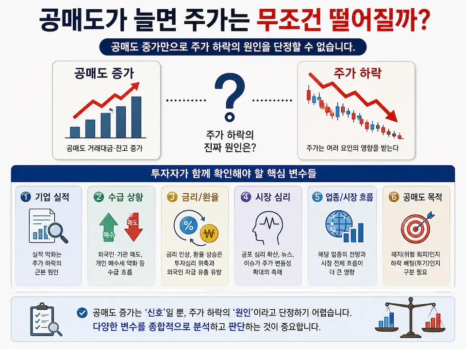 공매도 증가와 주가 하락 사이에서 투자자가 확인해야 할 여러 변수를 보여주는 이미지
