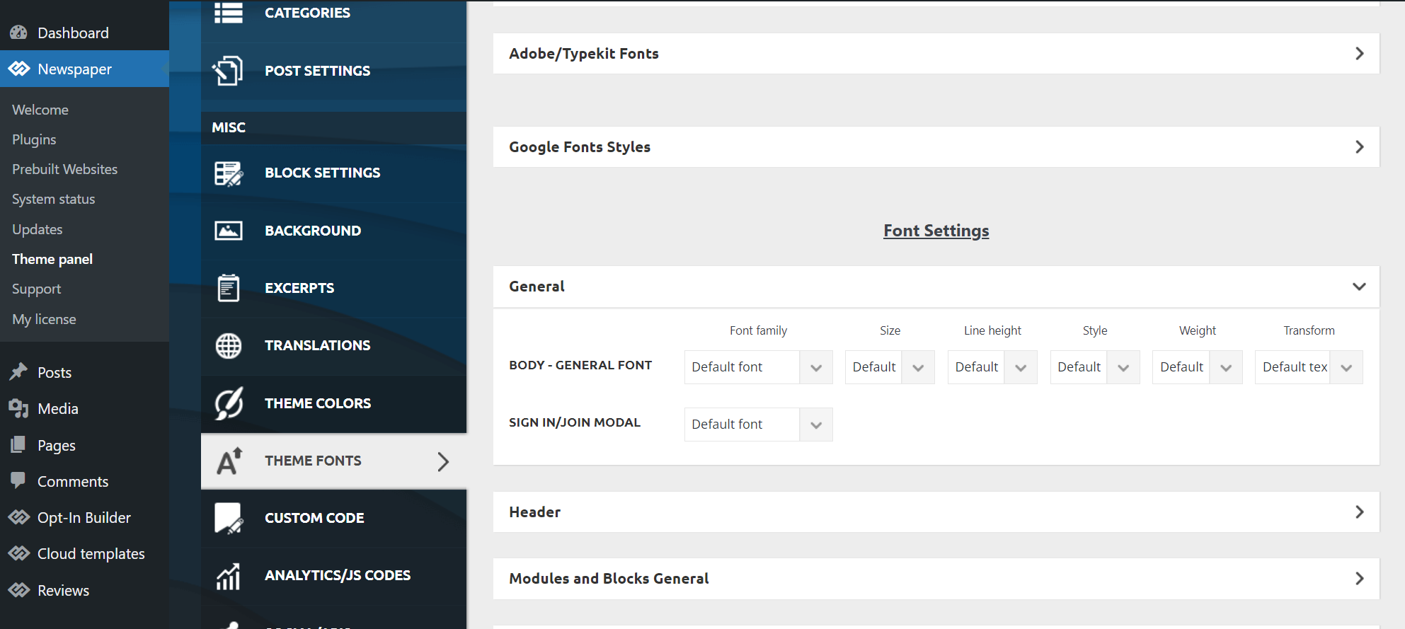 뉴스페이퍼 테마 폰트