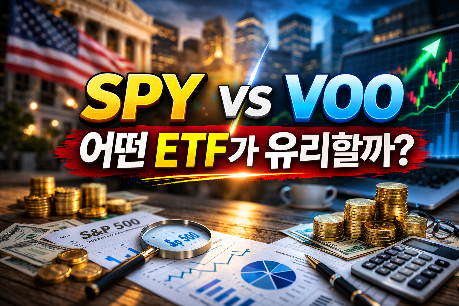 미국 국기와 주가 차트, 달러와 금화 배경 위에 SPY vs VOO 어떤 ETF가 유리할까 문구가 크게 들어간 S&amp;P500 ETF 비교 썸네일 이미지