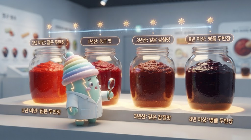 쫀쿠가 '두반장 시간 여행' 전시관에서 숙성 기간에 따른 두반장의 색 변화를 관찰하고 있습니다. 쫀쿠가 들고 있는 돋보기 아래로 1년 미만의 '젊은 두반장'(선명한 붉은색)부터 3년산(진한 적갈색), 8년 이상 된 '명품 두반장'(거의 자주빛에 가까운 짙은 색)이 단계별로 전시되어 있습니다. 쫀쿠는 시간이 지날수록 고추의 날카로운 맛이 둥글어지고 깊은 감칠맛이 생긴다는 설명을 보며 감탄하고 있습니다.