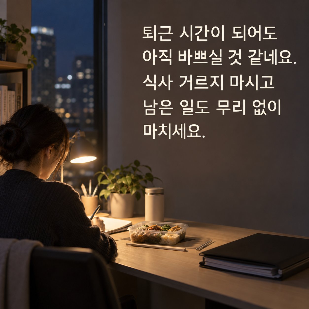 직장인 저녁 인사 이미지 14 — 퇴근 시간이 되어도 아직 바쁘실 것 같네요. 식사 거르지 마시고 남은 일도 무리 없이 마치세요.