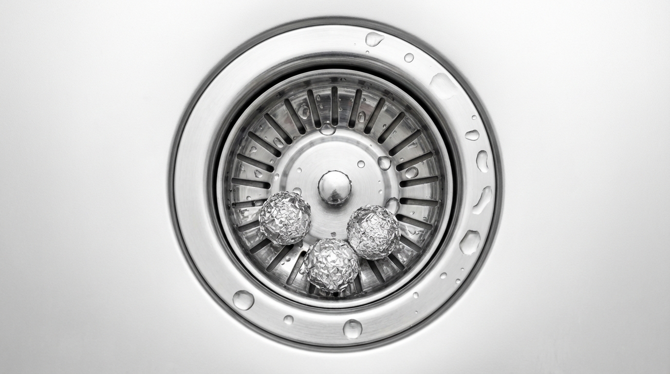 깨끗한 싱크대 배수구 망 안에 은색 알루미늄 호일 공 3개가 놓여 있는 모습