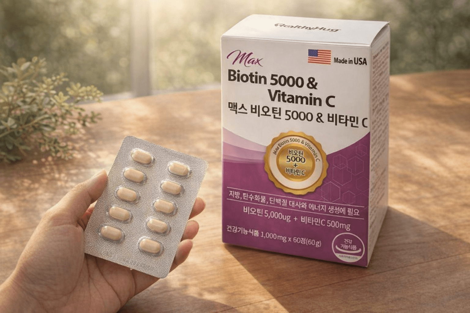 헬씨허그 맥스 비오틴 5000 앤 비타민C 제품 패키지와 정제를 손바닥 위에 올려놓은 모습