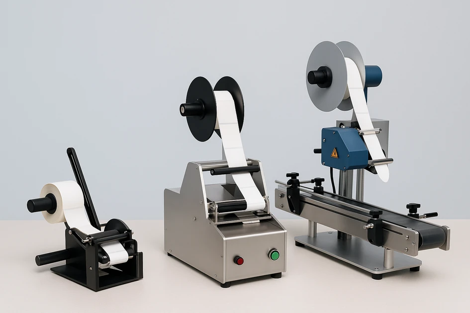 수동, 반자동, 자동 라벨부착기가 나란히 배치된 산업용 라벨링 머신 비교 이미지