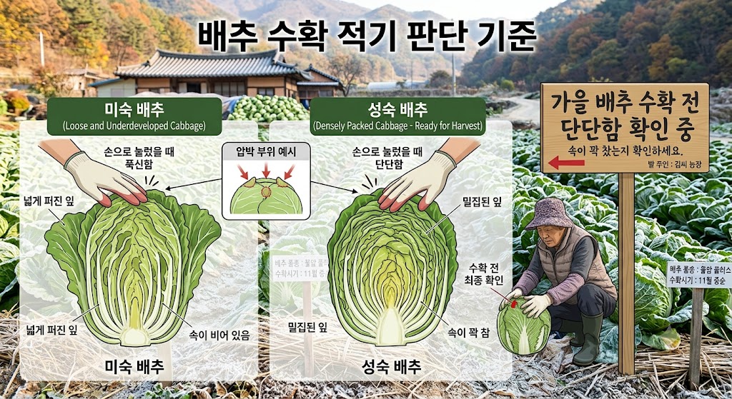 배추 정수리를 손으로 눌러 단단함을 확인하는 방법과 속이 꽉 찬 배추의 단면 구조 설명